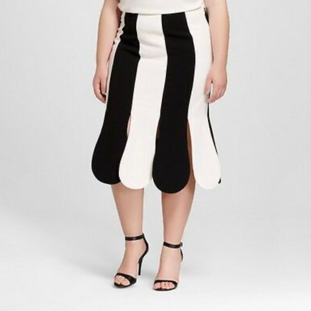 -Striped Black & White Scallop Midi Skirt